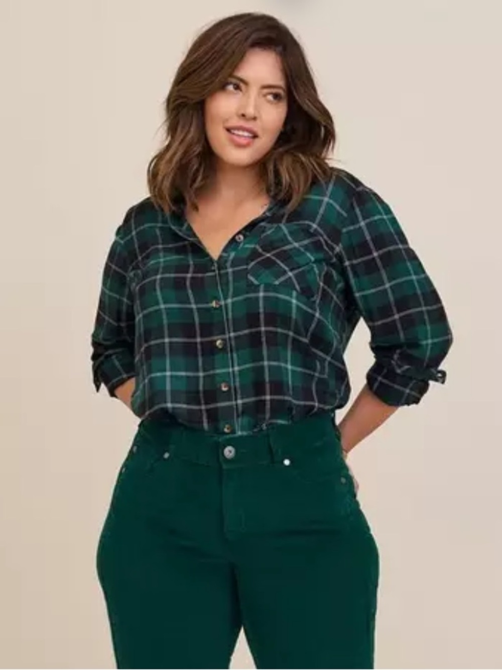 Torrid Lizzie Button-Up Shirt Plaid in Green and Black Size 2X Long Sleeve Boho